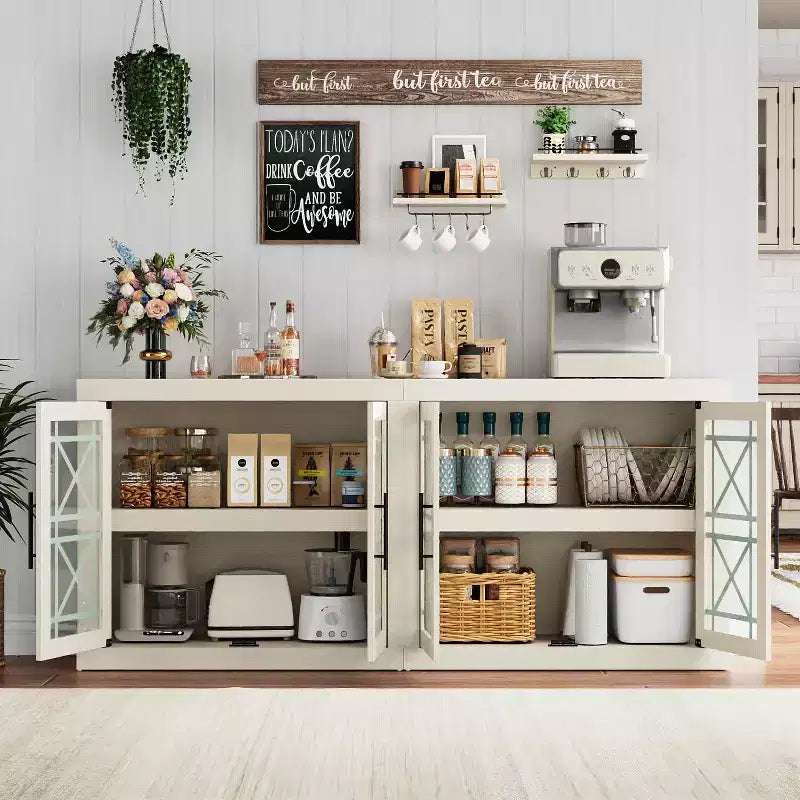 Buffet Storage Cabinet with 4 Glass Pattern Design Doors, 70.8 Wide Modern Coffee Bar Cabinet Wooden TV Stand for Kitchen Dining Room Living Room