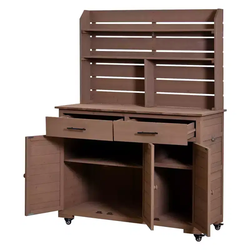 65H Large Garden Potting Bench, Wood Outdoor Kitchen Island Prep Cart with Lockable Wheel, Hutch Top, Storage Cabinet - ModernLuxe