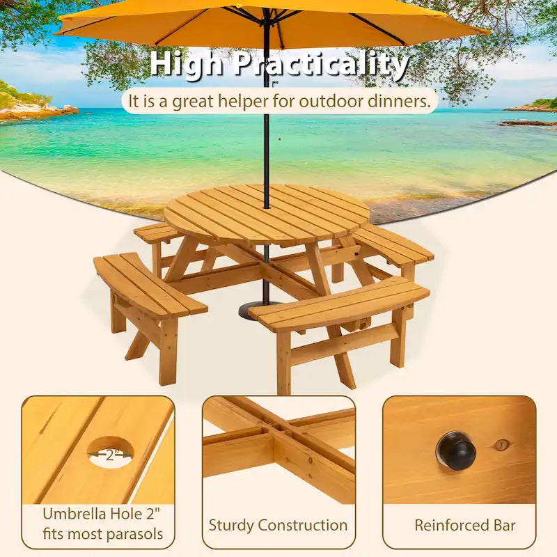 8-Person Outdoor Patio Fir Wood Round Picnic Dining Set with 4 Built-in Benches and Umbrella Hole