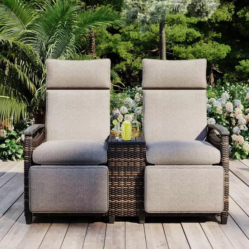 Okak 80-145 Patio Recliner Loveseat with Built-In Storage Table,High Back&Adjustable Footrest,Outdoor Lounge Chair for Porch&Backyard