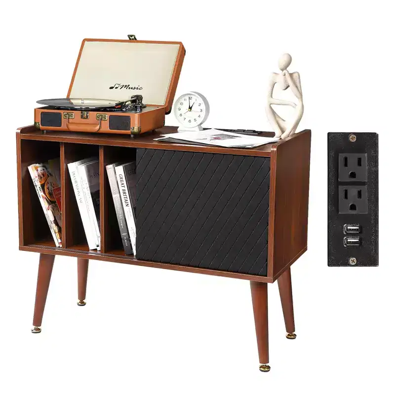 COZONY Large Vinyl Record Storage Stand with Sliding Door, Turntable Cabinet for Living Room and Bedroom, Rustic Side Table with Ample Storage Space