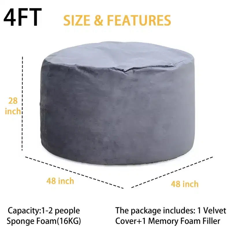 4 Ft Large Bean Bag Chair for Adults & Teens - Shredded Foam Fill, Soft Velvet Fabric