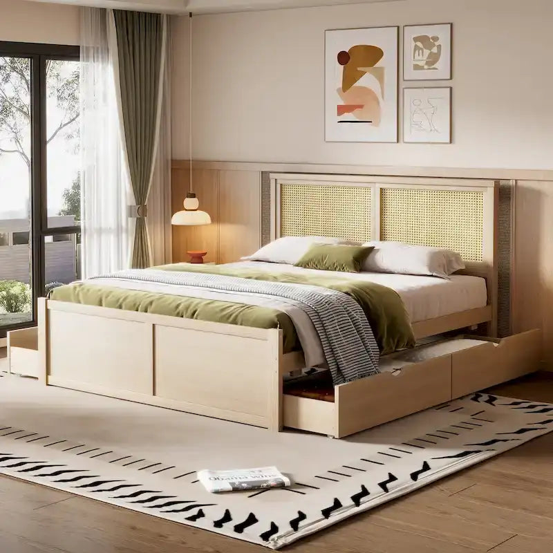 Storage Platform Bed with Rattan Headboard