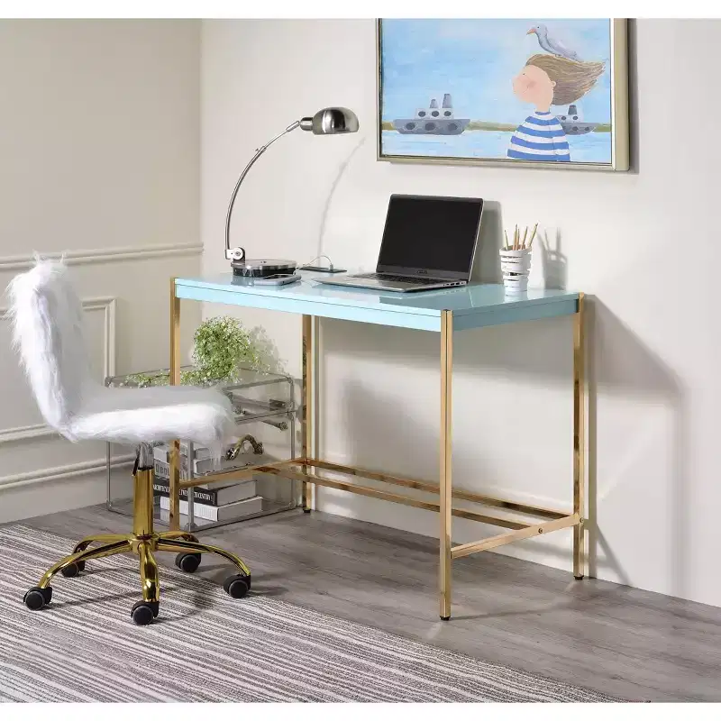 Okak 42IN Elegent Writing Desk with Gold Metal Legs, Standing Desk with Ample Tabletop, Office Desk for Living Room, Reading Room