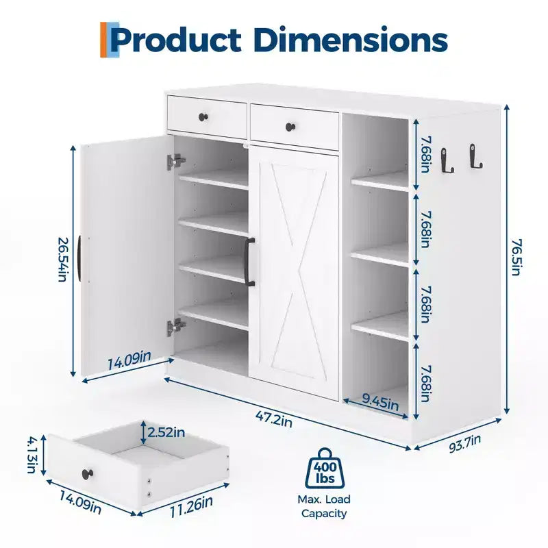 Shoe Storage Cabinet, Modern Farmhouse Shoe Rack Organizer with 6 Adjustable Shelves & 2 Drawers, Freestanding Entryway Cabinet for Living Room