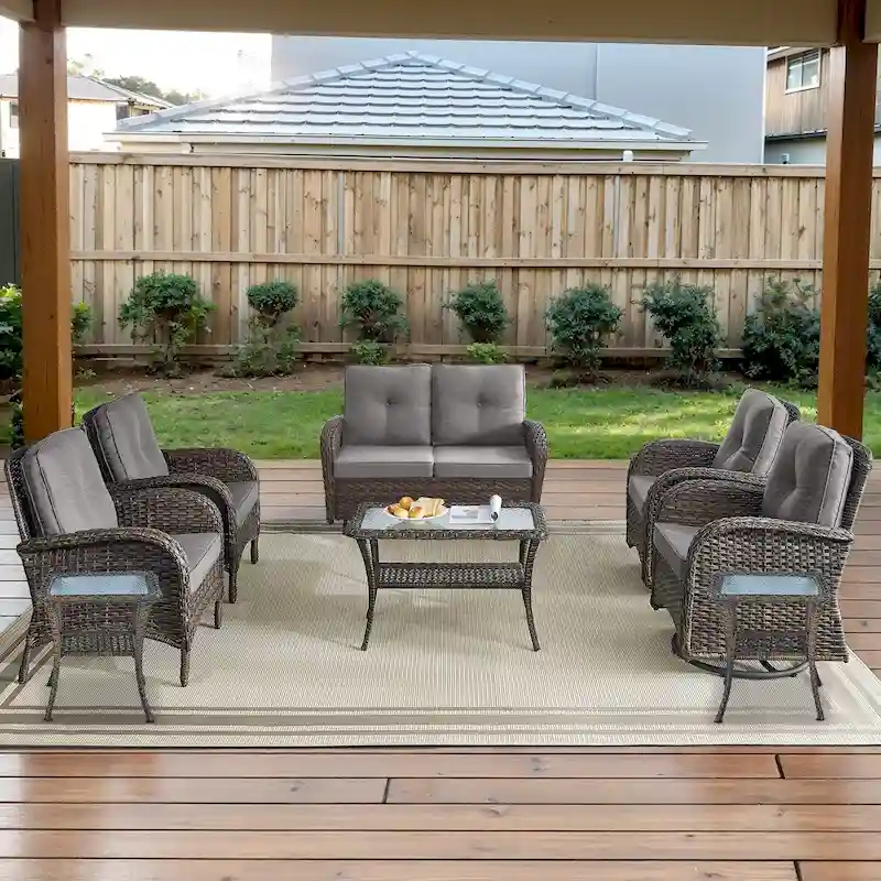 Outdoor Glider Sofa with Rocking Chair, Club Chair set of 8 - Brown