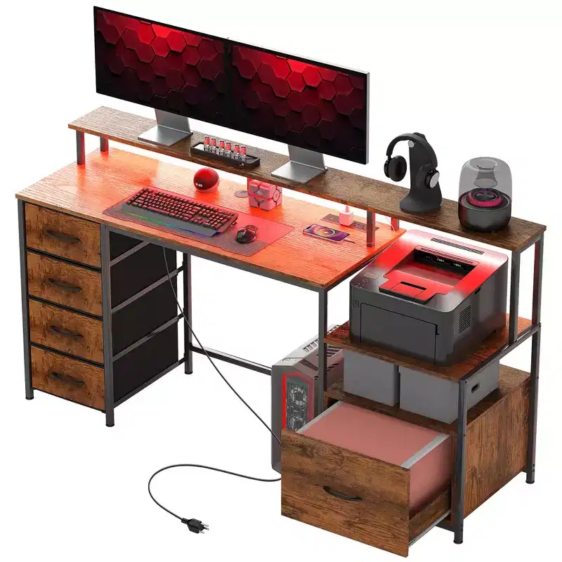 Computer Desk with Power Outlets and LED Lights, 67 Computer Table with File Cabinet and Fabric Drawers