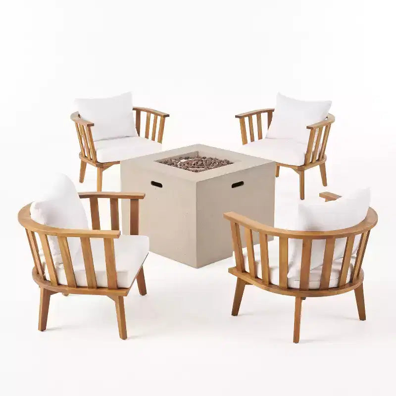 Christopher Knight Home Ridgeview Outdoor Acacia Wood 5 Piece Club Chair and Fire Pit Set with Cushions, Teak/White