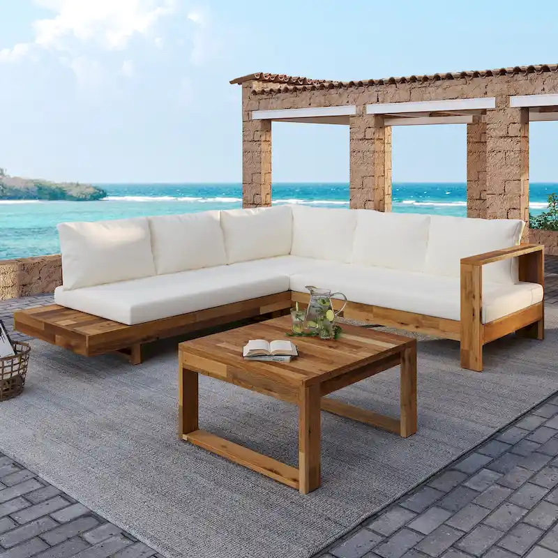 L-shape Sectional Sofa Set Patio Couch Set with Table, Wooden Lounge Chaise Sofa Outdoor 4-piece Conversation Sets