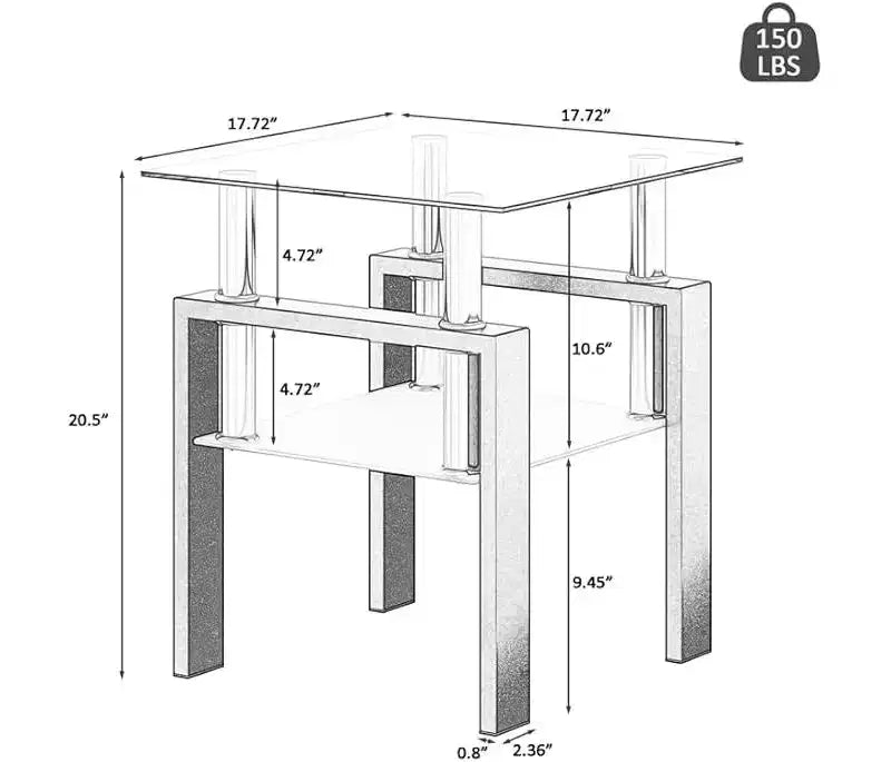 Modern 2-Tier Square Coffee Table with Tempered Glass Top