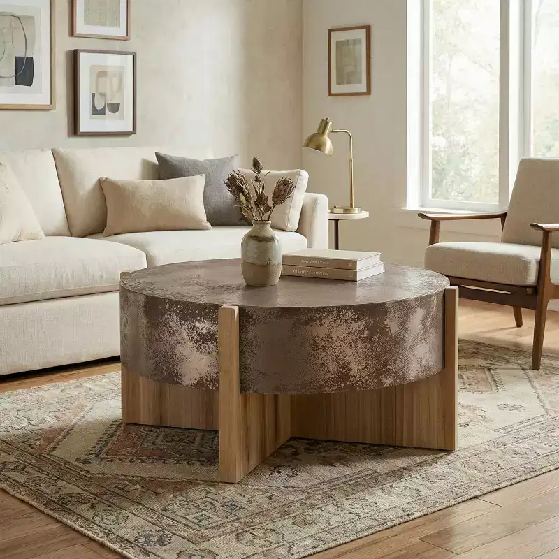 33 Vintage Round Drum Coffee Table with Cross Base, Distressed Rust Finish Center Table for Small Living Rooms or Apartments