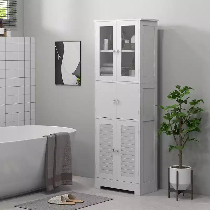 HOMCOM 67 Bathroom Cabinet with Glass/Louvred Doors, Tall Bathroom Storage Cabinet with Adjustable Shelf, White