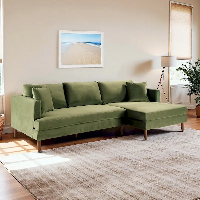 Mid-Century Modern L-Shaped Pillow Back Velvet Sectional Sofa