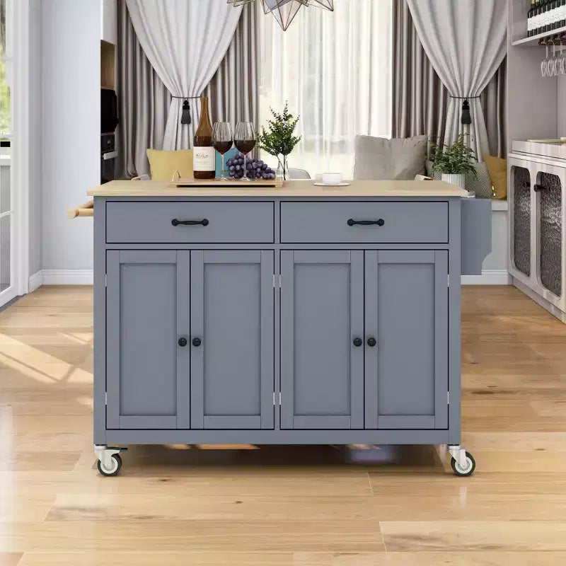 PexFix 54.3 Inch Kitchen Island Cart with Solid Wood Top and Locking Wheels 4 Door Cabinet and Two Drawers & Spice Rack & Towel Rack Blue