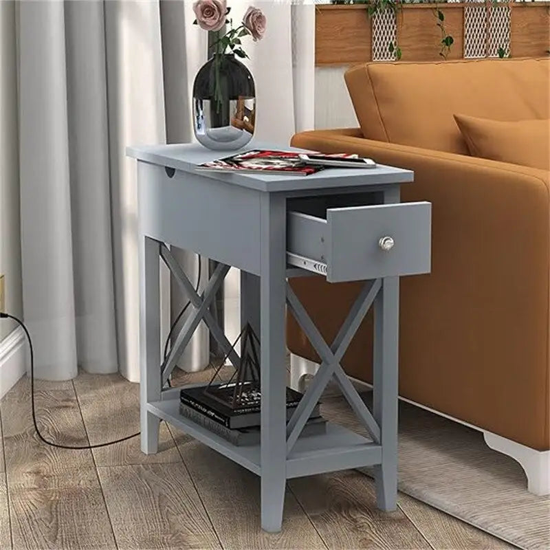 Narrow End Table with Flip Top Drawer and Charging Station