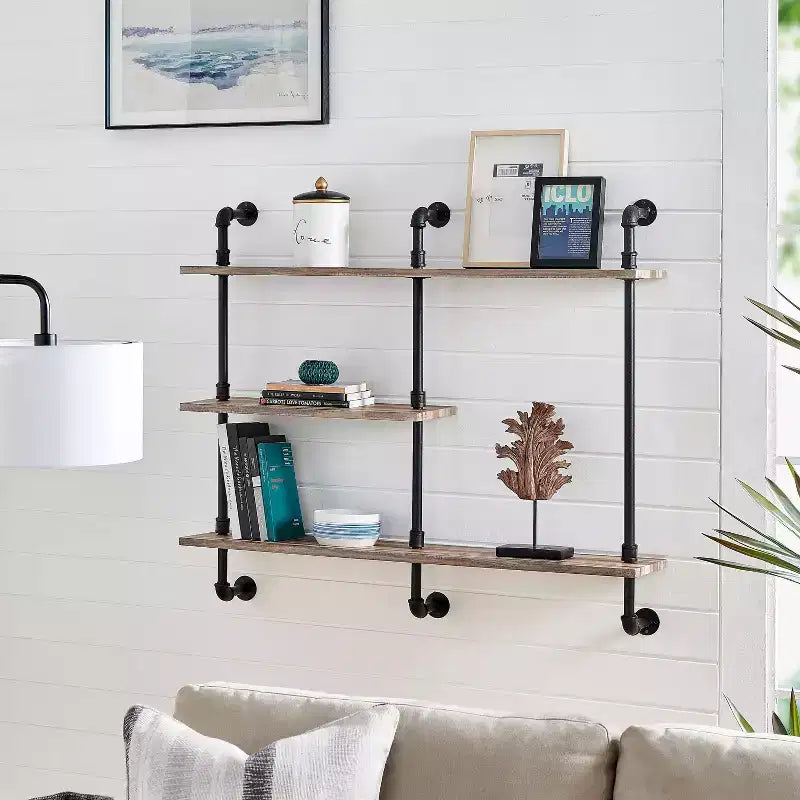 3-Tier Industrial Pipe Wall Shelf Unit, Black/Rustic, Iron Frame with Laminated Shelves