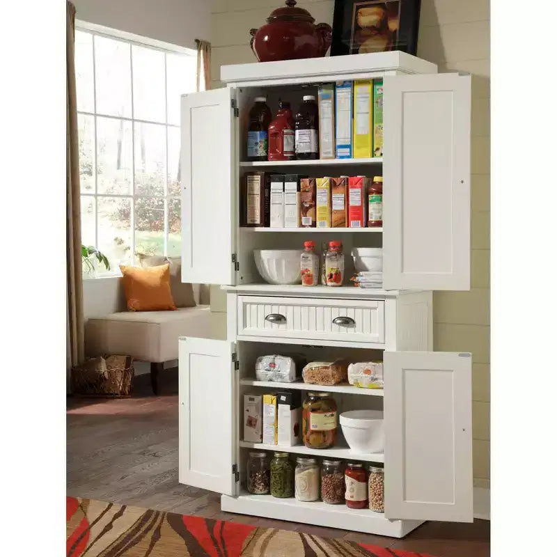 Nautical Coastal Kitchen Pantry Cabinet 鈥?Off White, 72H x 30W x 16D, Hardwood, 4 Doors, 1 Drawer