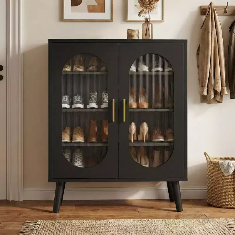 2-Door Sun Panel Elevated Shoe Cabinet with USB 7-Color LED, 4-Tier, 26.77 Inch Wide