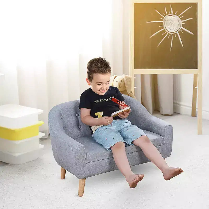 2-Seat Kids Sofa, Toddler Sofa Couch, Linen-Like Fabric & Wood Frame Sofa Chair for Ages 3-7, 11 High Seat