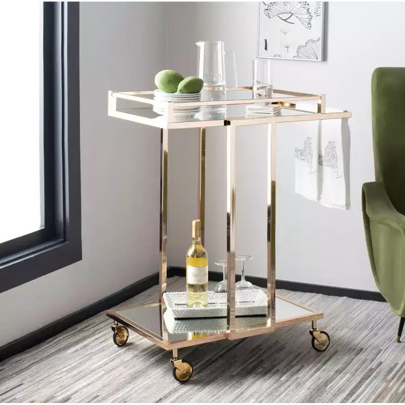 2 Tier Rectangle Bar Cart - BCT8003A - Gold/Mirror