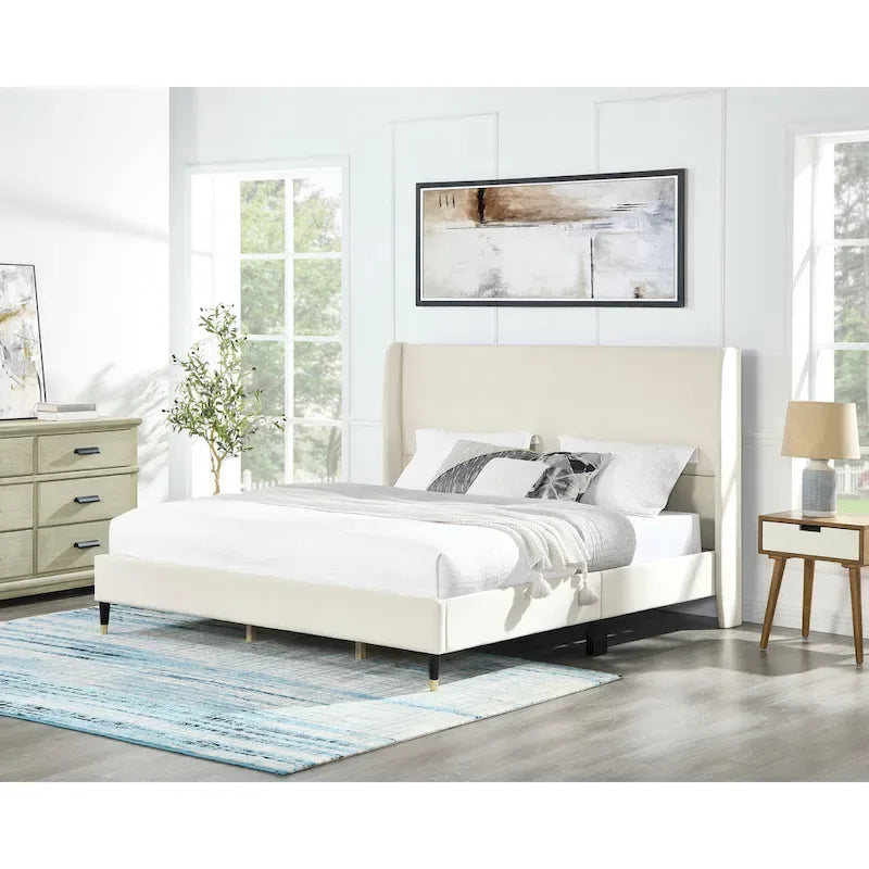 Upholstered Wingback Platform Bed - Tufted Headboard Bed Frame, No Box Spring Needed