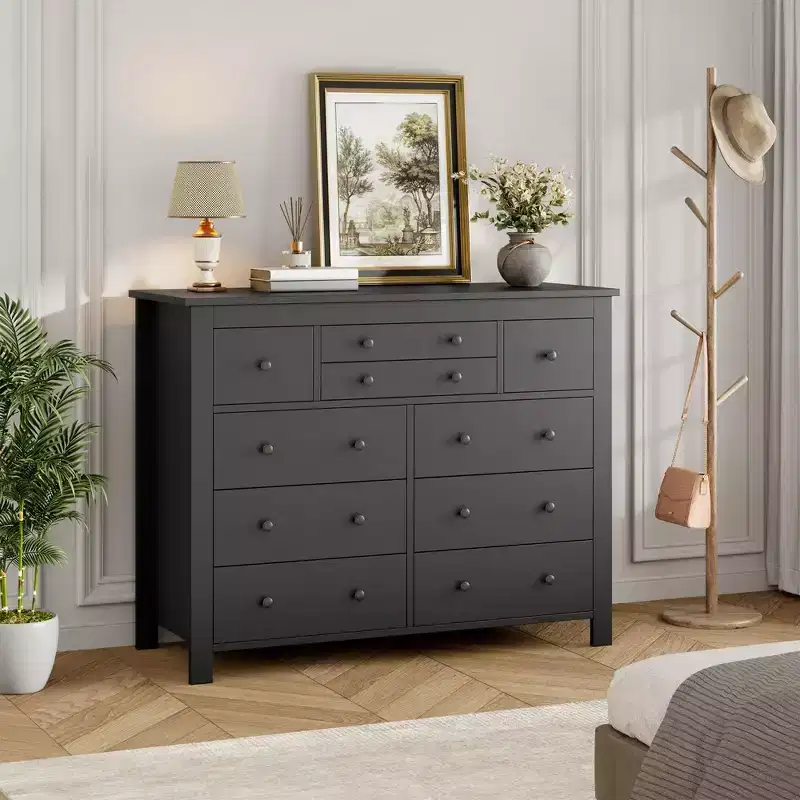 Modern Wooden Storage Dresser for Closet, 10 Drawer Large Black Dresser for Bedroom, Deep Drawers,