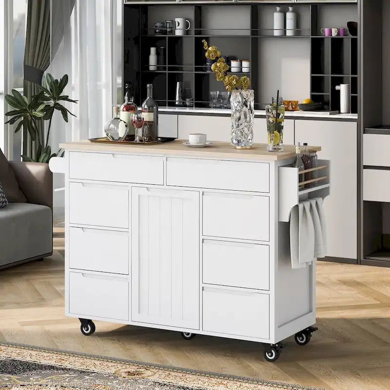 Rolling Kitchen Island Cart with 8 Handle-Free Drawers Rubberwood Top and Spice Rack