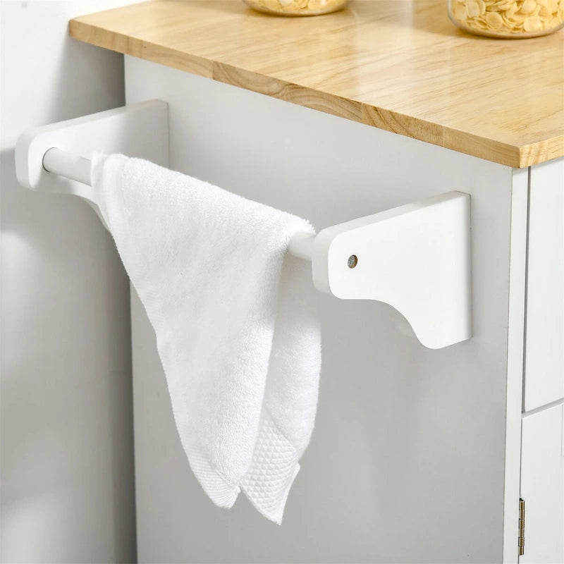 White Rolling Kitchen Island Cart with Drawers Cabinet and Towel Rack