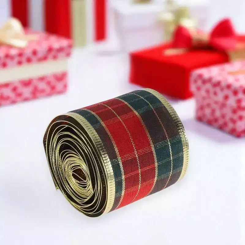 Unique Bargains Gift Wrap Ribbons Scottish Tartan Cloth Red Green Gold Tone 78.74x1.97 1 Pc