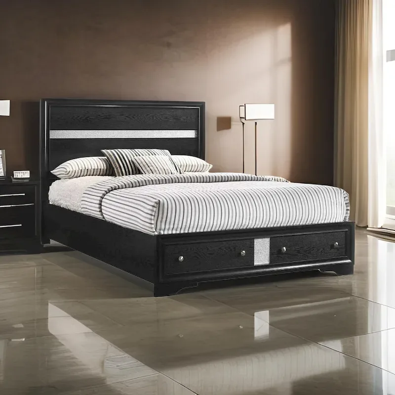 Regi King Size Bed, 2 Storage Drawers, Silver Striped Headboard, Black Wood