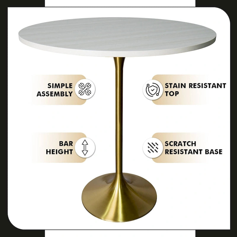 36 Round Dining Table with MDF Wood Tabletop and Brushed Gold Pedestal Base