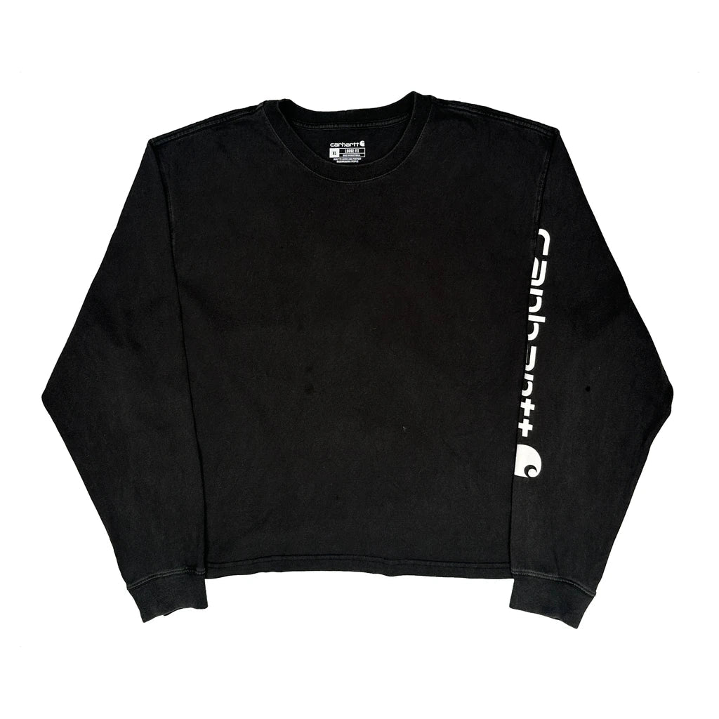 Cropped Long Sleeve T-Shirt Women's Regular Fit Crew Neck Black Cotton XL