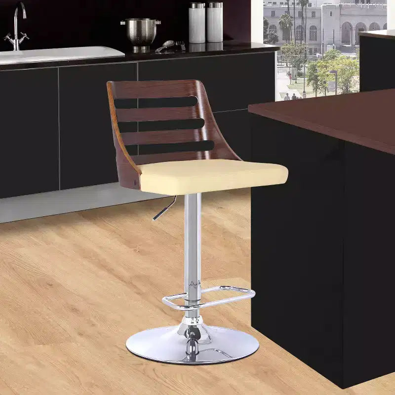 Barstool - Chrome, Walnut & Cream Faux Leather