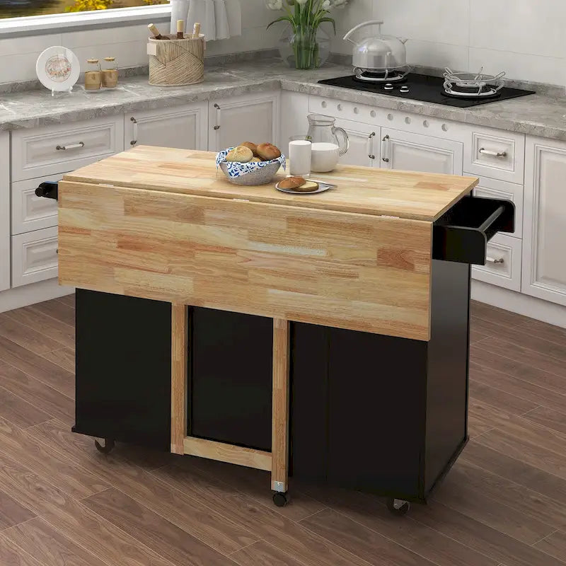 Rolling Kitchen Island Cart with Folding Top Drawers and Spice Rack
