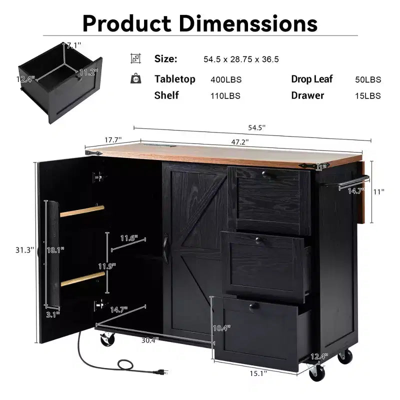 Bellemave 54.5 Farmhouse Kitchen Island with Power Outlet, with Internal Storage Rack, for Home, Kitchen and Dining Room,Black