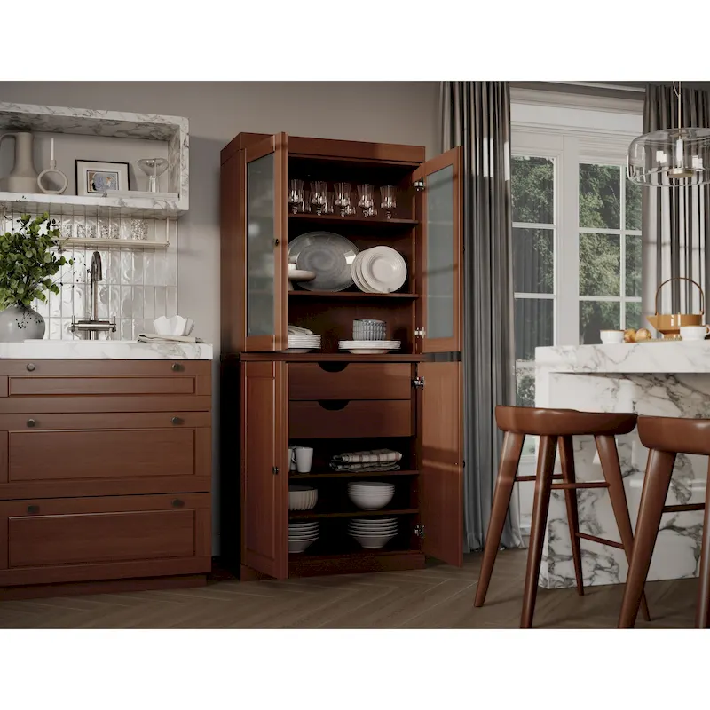 100% Solid Wood Pantry Cabinet with Frosted Glass Doors, Solid Doors, 2-Drawers and Adjustable Shelves