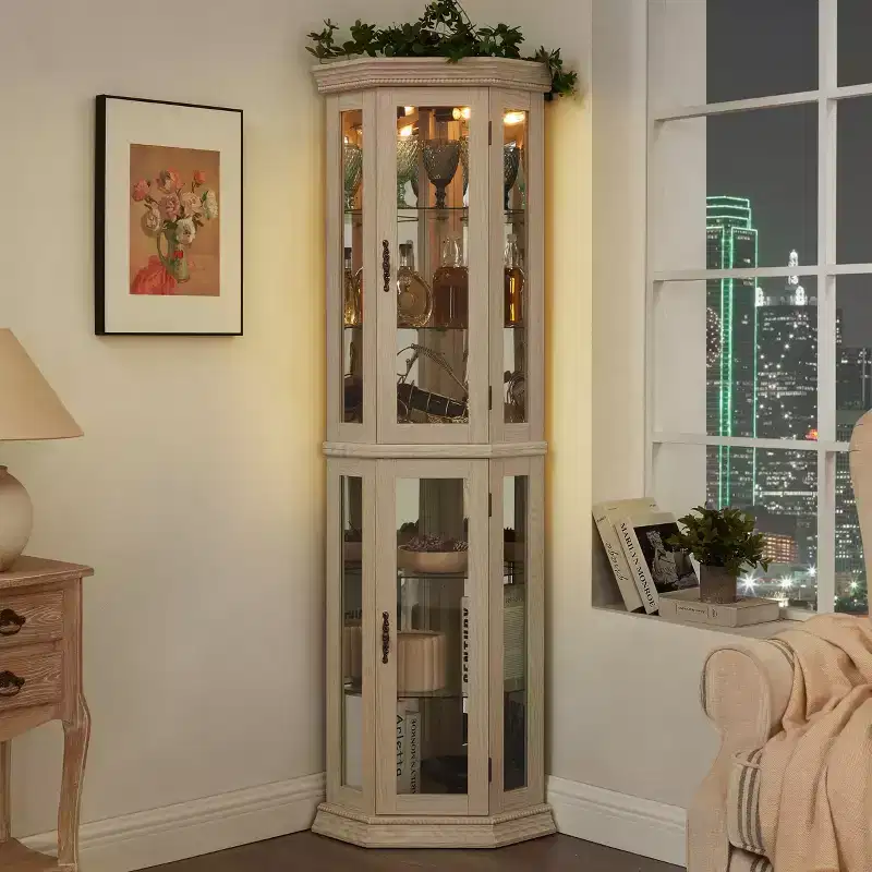 Living Room Corner Cabinet MDF+Tempered Glass, Adjustable Shelves, Space-Saving