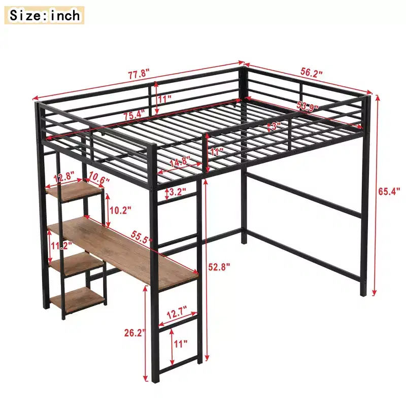 Full Metal Loft Bed with Desk and Storage Shelves, High Full Loft Bed with Guardrails for Kids Teens, Black
