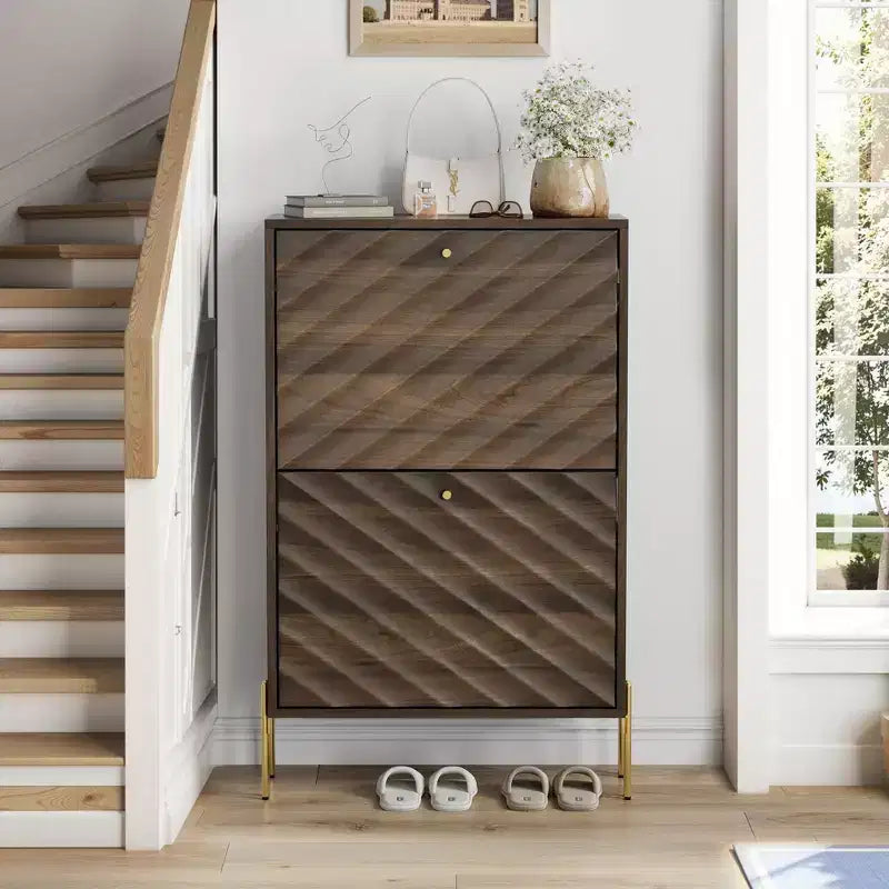 Modern Freestanding Shoe Cabinet with 2 Flip Drawers - Mid-Century Storage Rack for Entryway