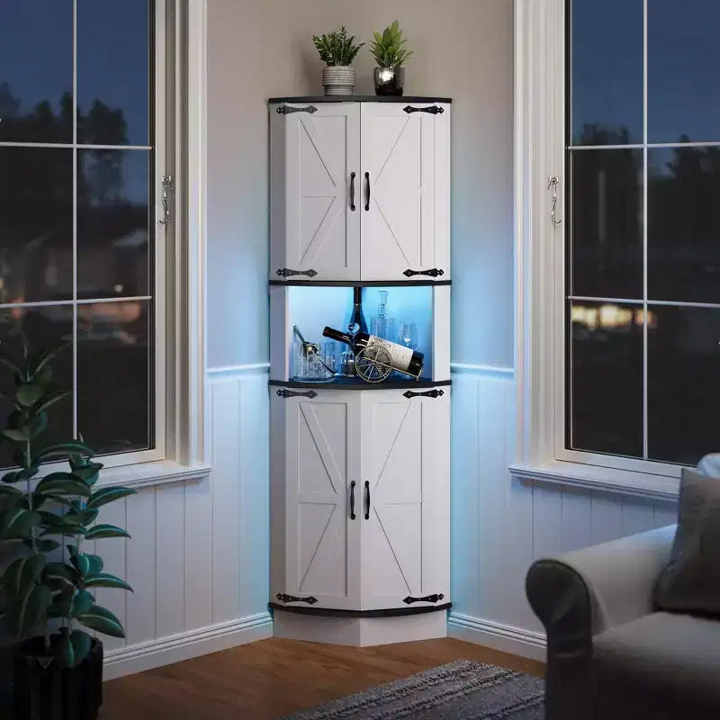 64.6 Farmhouse Style Corner Cabinet with Light, 4 Barn Doors & 5 Tier Shelves,Freestanding Bathroom, Kitchen, Living Room or Bar Storage Solution