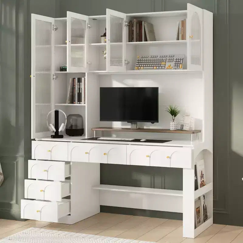 Hitow 63 White Desk with Hutch & Storage  Arched Reeded Glass Doors, Anti-Tip Safety for Home Office