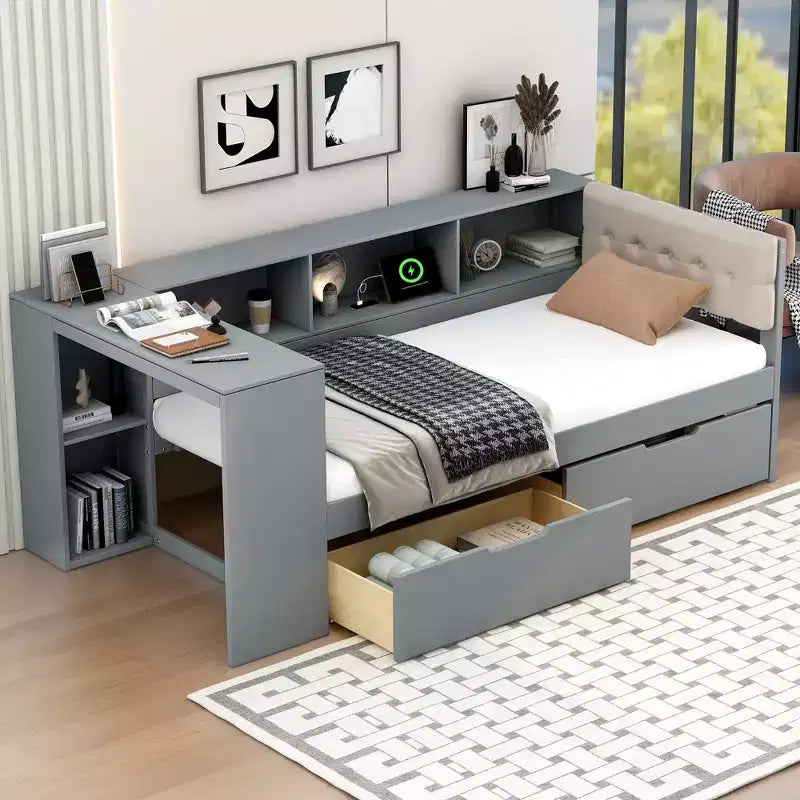 GDFStudio Scott Platform Bed with Storage Shelves, Drawers, Charging Station and Upholstered Headboard