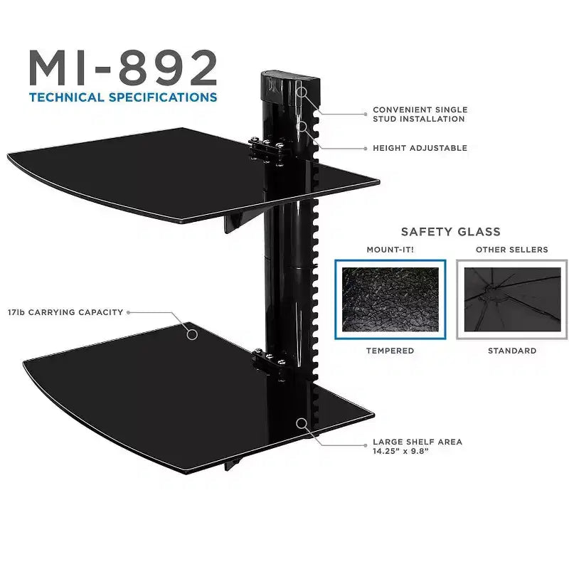 Wall Mounted AV Shelf with Tempered Glass – 2-Tier