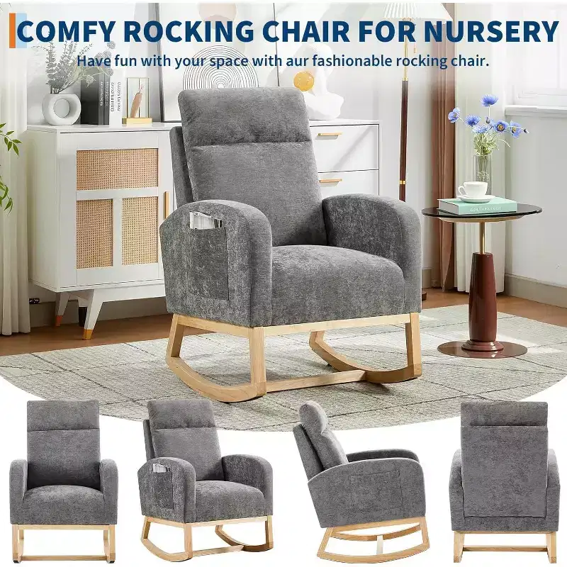 Rocking Glider Chair Modern Upholstered, Wingback Accent Rocker Chair Upholstered Tall Back Arm Chair