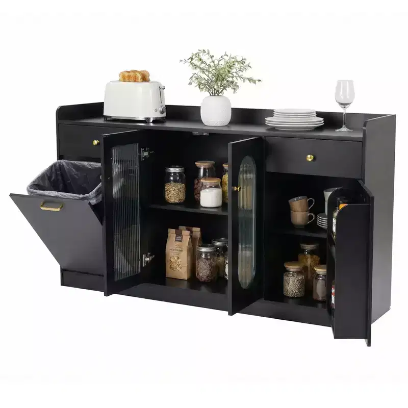 55 Large Buffet Cabinet with 2 Glass Doors, 2 Drawers, 2 Door Shelves for Kitchen Black/White