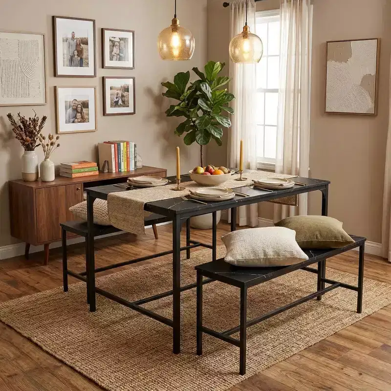 FurnitureR 3 Piece Dining Table Set with Benches, Modern Marble Kitchen Table Set, Space Saving Dining Room Set for Apartment or Small Dining Area