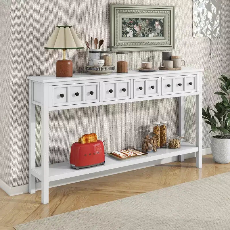 60 Rustic Console Table with 4 Drawers and Bottom Shelf, White