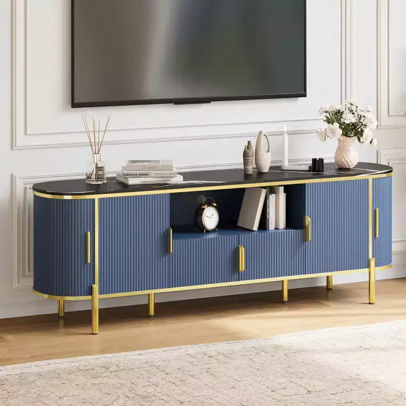 70-inch TV console with luxurious recessed design, faux marble countertop, curved sliding doors, and adjustable shelves.