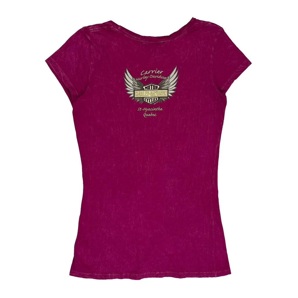 Skull With Wings And Roses Harley Davidson Graphic T-Shirt - Medium Pink Cotton