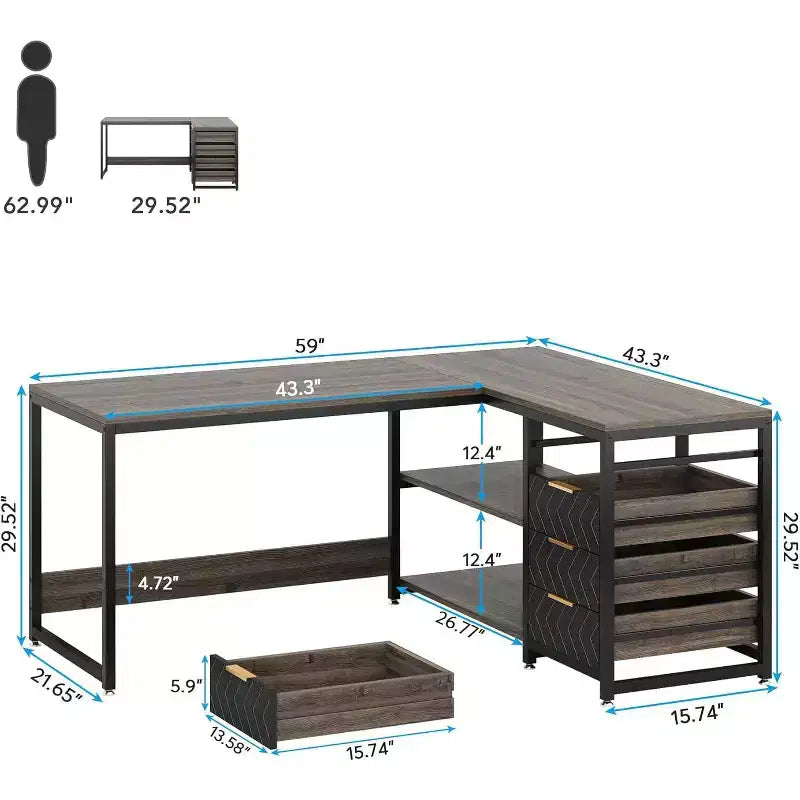 Lantine 59-Inch L-Shaped Computer Desk with Storage Drawers and Shelves, Reversible Corner Desk for Home Office, Grey